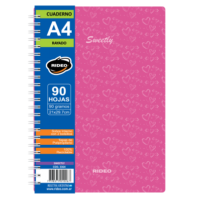 Cuaderno Espiralado A4 tapas plásticas Sweetly x90 hojas rayadas Rideo