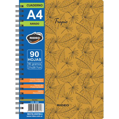 Cuaderno Espiralado A4 tapas plásticas Tropic x90 hojas rayadas Rideo