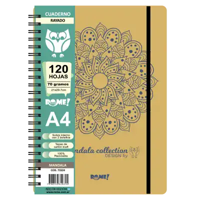 Cuaderno A4 Mandala con elástico x120 hojas rayadas Rome