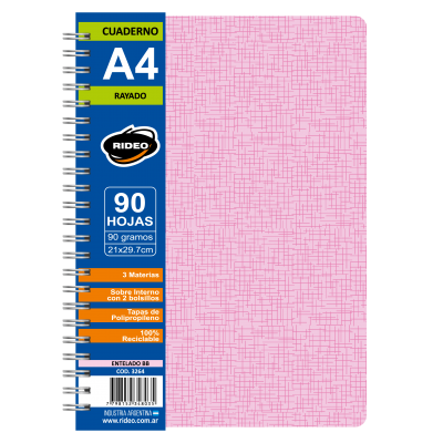 Cuaderno A4 entelado BB tapa plástica x 90 hojas rayadas Rideo