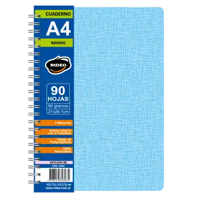 Cuaderno A4 entelado BB tapa plástica x 90 hojas lisas Rideo