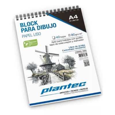 Block A4 para dibujo de 90 gramos Blanco Liso x40 hojas anillado Plantec