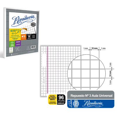 Repuesto Nº 3 Aula Universal x 96 hojas cuadriculado grande Rivadavia