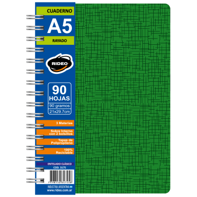 Cuaderno Espiralado A5 tapa plástica colores clásicos x90 hojas lisas Rideo