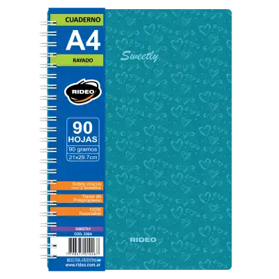 Cuaderno Espiralado A4 tapas plásticas Sweetly x90 hojas punteadas Rideo