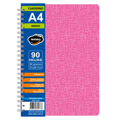 Cuaderno Espiralado A4 tapas plásticas entelado pastel  x90 hojas rayadas Rideo