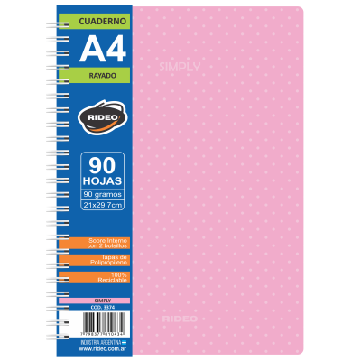 Cuaderno Espiralado A4 tapas plásticas Simply x90 hojas cuadriculadas Rideo