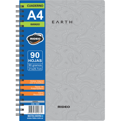 Cuaderno Espiralado A4 tapas plásticas Earth x90 hojas rayadas Rideo