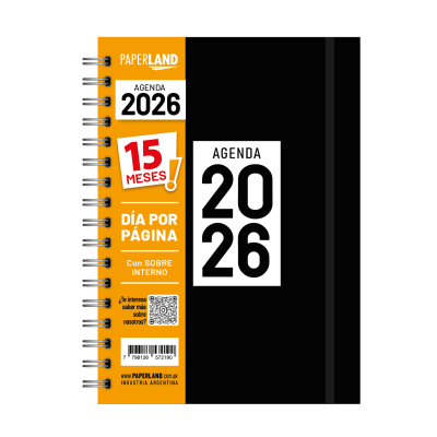 Agenda A5 Diaria negra de 15 MESES con elástico Paperland
