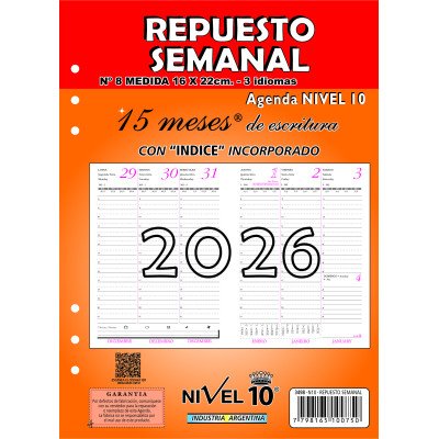 Repuesto agenda semanal con índice x15 meses Nº8 Nivel 10