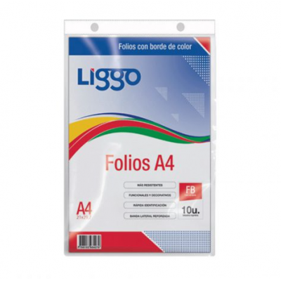 Folios borde color A4 x10 unidades Liggo