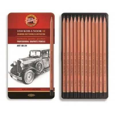Set Grafito Hardtmuth x12 graduaciones 2H a 8B lata Koh-I-Noor
