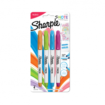 Marcador Permanente S-NOTE x4 unidades punta biselada blister Sharpie
