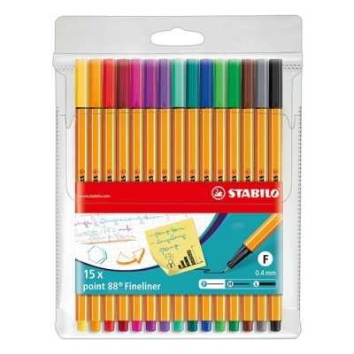 Set Microfibra Point 88 x15 colores (12+3 de regalo) estuche plástico Stabilo