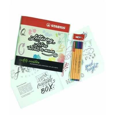 Set de Libro de Arte Creativo Lettering y Letras + Microfibras Point 88 x 5 Colores Frios Stabilo