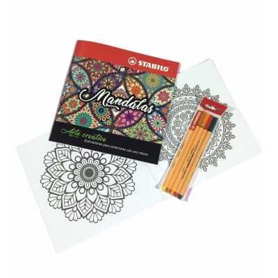 Set de Libro de Arte Creativo Mandalas + Microfibras Point 88 x 5 Colores Cálidos Stabilo