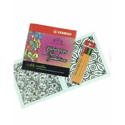 Set de Libro de Arte Creativo Naturaleza y Fig. Geométricas + Microfibras Point 88 x 5 Colores Natural Stabilo