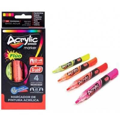 Set de marcadores acrílicos con 2 puntas redonda y biselada de 2-4 mm x4 colores FLUO TRABI