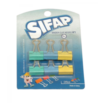 Binder clip 19mm color blister x 6 unidades Sifap