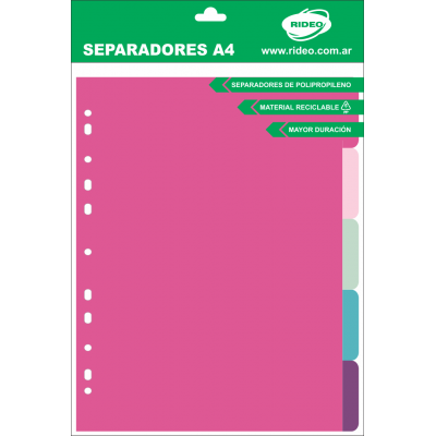 Separadores Plásticos A4 Colores pastel de 5 posiciones Rideo