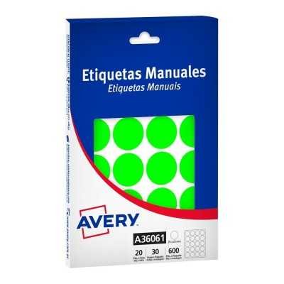 Caja de etiquetas adhesivas verde flúo redonda 25 mm Avery