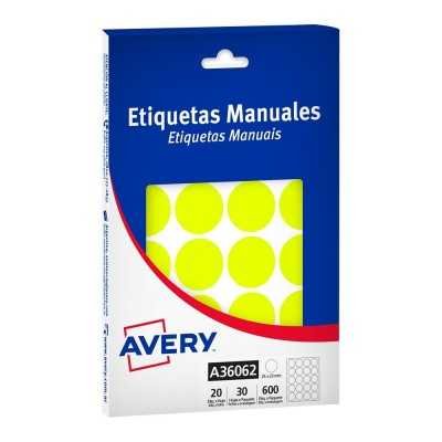 Caja de etiquetas adhesivas amarillo flúo redonda 25 mm Avery