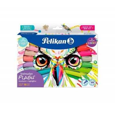 Set de resaltadores  Textmarker Flash Búho x16 colores pastel y flúo Pelikan