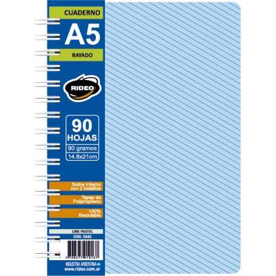 Cuaderno Espiralada A5 tapa plástica Pastel x90 hojas rayadas Rideo