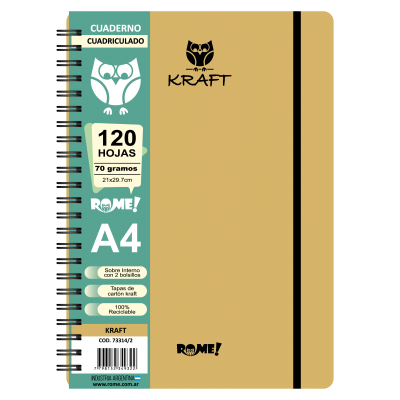 Cuaderno A4 Kraft con elástico x120 hojas cuadriculadas Rome
