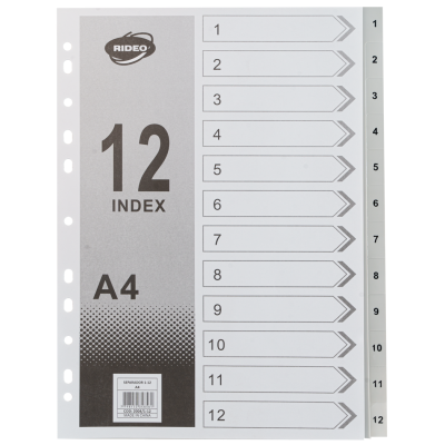 Separadores A4 plástico índex 1 al 12 Rideo