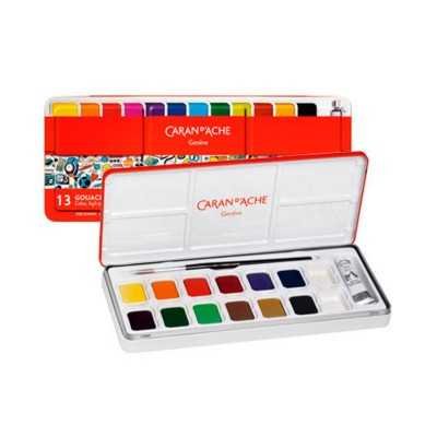 Set de acuarelas Gouache School x13 colores surtidos + pincel en metal box Caran D'Ache