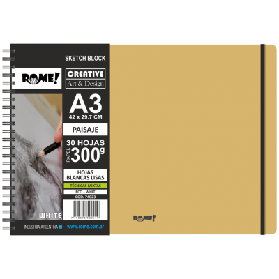 Sketch block A3 Retrato Eco White x30 hojas lisas blancas de 300 gramos Rome