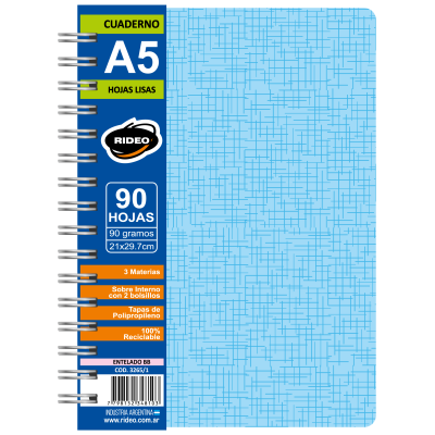 Cuaderno Espiralado A5 tapa plástica pastel BB x90 hojas rayadas Rideo