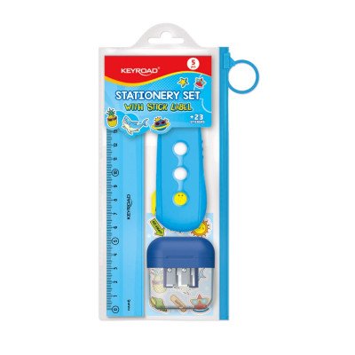 Blíster Stationery set Turquesa: sacapuntas +regla +goma+ stickers Keyroad