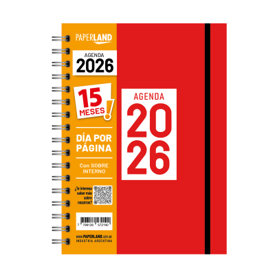 Agenda A5 Diaria roja de 15 MESES con elástico Paperland