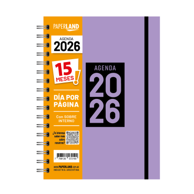 Agenda A5 Diaria lila pastel de 15 MESES con elástico Paperland