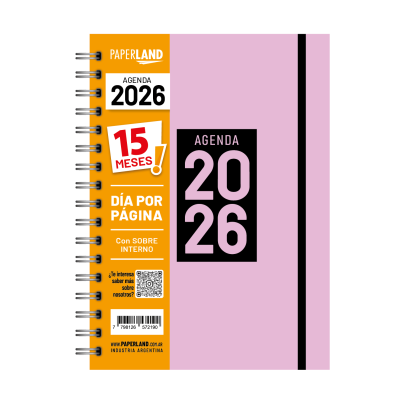 Agenda A5 Diaria rosa pastel de 15 MESES con elástico Paperland