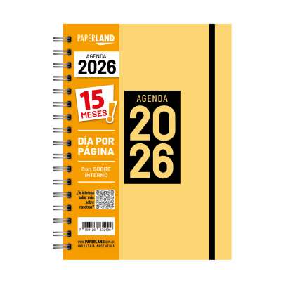 Agenda A5 Diaria amarillo pastel de 15 MESES con elástico Paperland