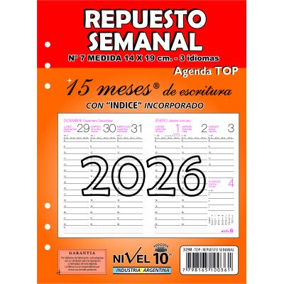 Repuesto agenda semanal con índice x 15 meses Nº7 Nivel 10