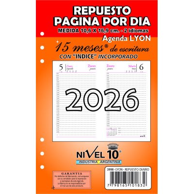 Repuesto agenda N°6 diario con índice x15 meses Nivel 10