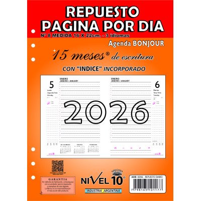 Repuesto agenda N°8 diario con índice x15 meses Nivel 10