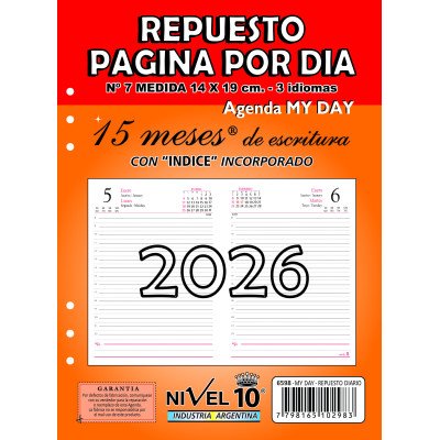 Repuesto agenda N°7 diario con índice x15 meses Nivel 10
