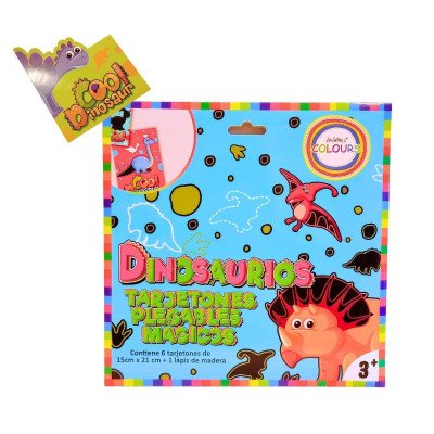 Papel Mágico x6 tarjetones plegables dino + lápiz de madera Colours
