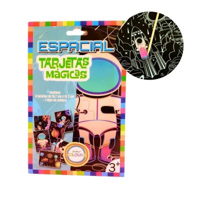 Papel Mágico x6 tarjetas espacial + lápiz de madera Colours