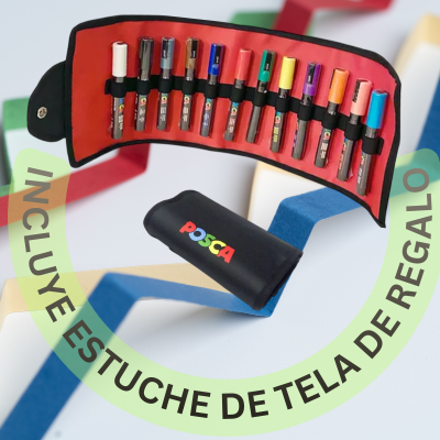 Cartuchera de tela +12 marcadores Posca PC-3M (Medios) Uni