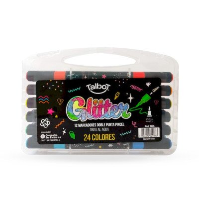 Marcadores Acrílicos Glitter doble punta pincel x12 unidades (24 colores) en valija Talbot