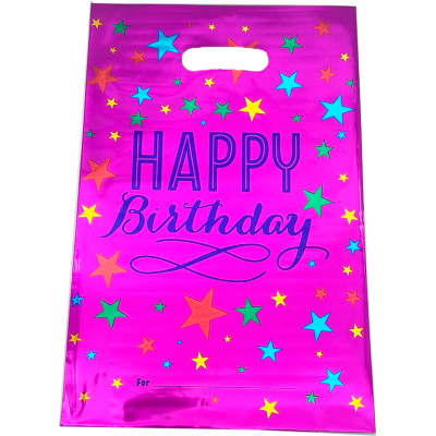 Bolsa metalizada Happy Birthday fucsia de 16,5 x25 cm x10 unidades Low Cost