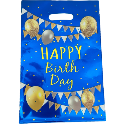 Bolsa metalizada Happy Birthday azul de 16,5 x25 cm x10 unidades Low Cost
