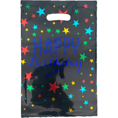 Bolsa metalizada Happy Birthday negro de 16,5 x25 cm x10 unidades Low Cost