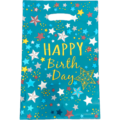 Bolsa metalizada Happy Birthday celeste de 16,5 x25 cm x10 unidades Low Cost